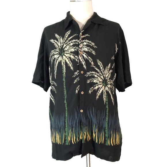 Cherokee Waikiki Hawaiian shirt men's medium black short sleeve floral - Picture 1 of 11